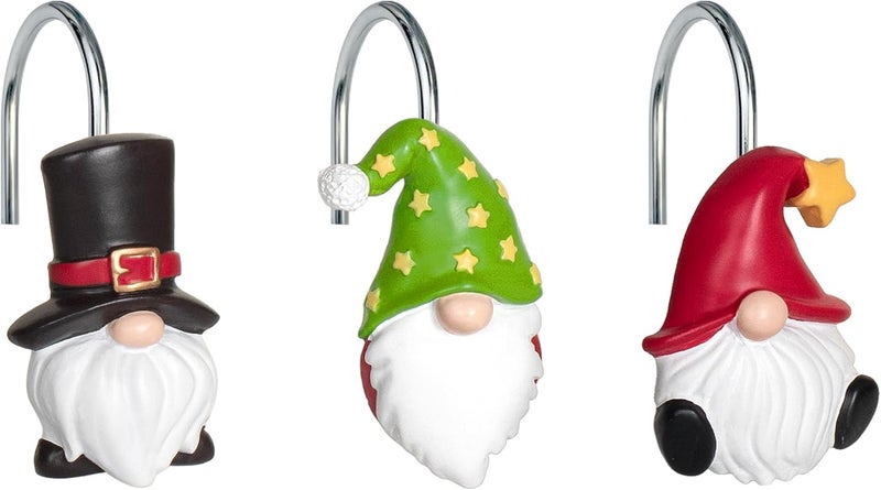 Sunlit Christmas Shower Curtain Hooks, Gnome Shower Curtain Rings, Hand Painted Resin Christmas Decor, Winter Bathroom Decoration, Black Green Red with Star, Set of 12 - Image 1